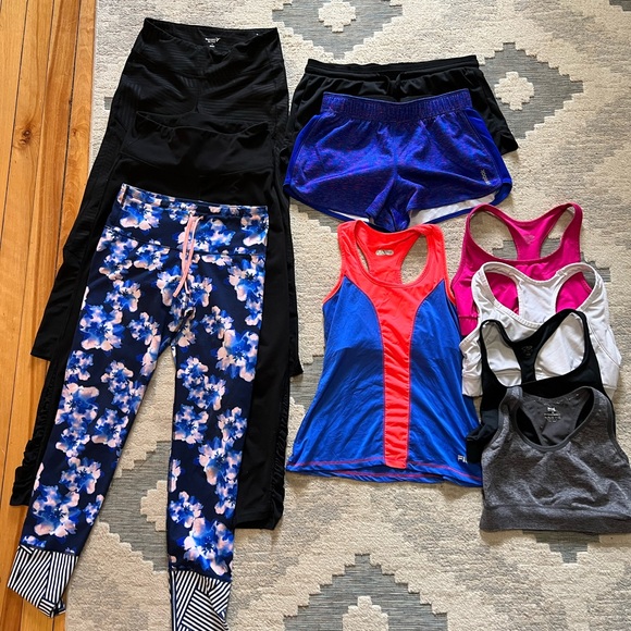 Old Navy Pants - 3 pairs old navy leggings, fila shirt, 4 sports bra, 2 pairs of running shorts.
